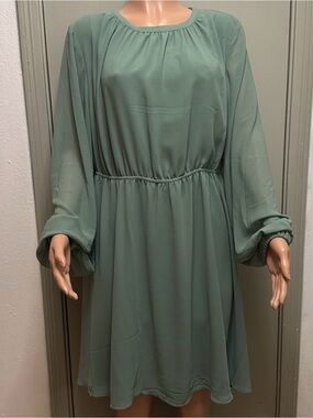 H&M Sage Green Long-Sleeve Chiffon Midi Dress